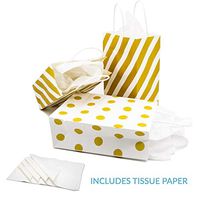 12 Gold Gift Bags with Tissue Paper, Polka Dot, Striped, Chevron Metallic Gift Bags with White Tissue Wrapping Paper for Weddings, Anniversaries, Engagements Baby or Bridal Showers