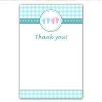 30 Blank Thank You Cards Teal Turquoise Pink Ginham Baby Feet Boy Girl Twins Shower Siblings + 30 White Envelopes