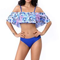 Gojendy Women Sexy Floral Printed Two Pieces Swimsuit Spaghetti Off Shoulder Ruffle Bandeau Tankini Low Waisted Bikini (L, Blue)