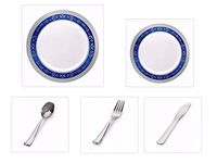 Royal Collection White w/Blue and Silver Royal Border 10.25" Dinner Plates + 7.25" Salad Plates + Silver CutleryParty of 20 (100 PIECES!!)