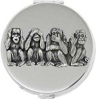 'Four Monkeys' (Hear no Evil, See no Evil, Speak no Evil, Up to Evil) Round Silver Pill Box/Compact Travel Case (Gift Box Edition)
