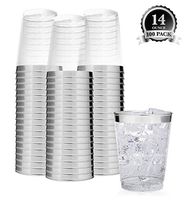 Clear Plastic Disposable Party Cups (100 Count) 14 Oz Silver Rim Cups - Fancy Reusable Plastic Tumblers, Silver, 14 Ounce