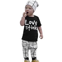 FANOUD 3Pcs Toddler Baby Girls Boys Letter Print Tops T Shirt Plaid Pants Outfits (3M)