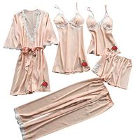 5Pcs Women's Sexy Lace Lingerie Sleepsuit Set Rose Print Silk Robe+2 Pants +2 Sling Temptation Babydoll Sleepwears (Beige, S)