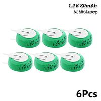 6Pcs 1.2V 80mAh Ni-MH Button Coin Battery Cell Pack Rechargeable with 2 Pins 6Pcs 1.2V 80mAh Ni-MH Button Battery Rechargeable Coin Cell with Solder Tabs
