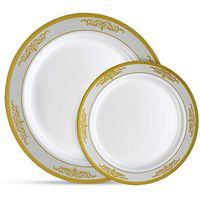Laura Stein Designer Dinnerware Set | 32 Disposable Plastic Party Plates | White Plate with Gold Rim & Brushed Grey Accents | Includes 16 x 10.75" Dinner Plates + 16 x 7.5” Salad Plates | Traditional