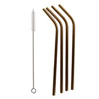 RUJFISH Stainless Steel Metal Straws Reusable with Cleaning Brushes Curved Drinking Straws Tumbler Bubble Boba Tea Straws,Golden 5pc