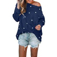 QIBOOG Teen Women Girl Long Sleeve Casual Loose Sleeve Cotton Star Pattern Sweat T-Shirt Blouses Off Shoulder Tops (Blue, XXL)