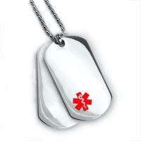 Double Stainless Steel Medical ID Dog Tag with Red Emblem and 24 Lines of Engraving.