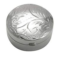 English Sterling Hinged Round Pillbox Engraved Design 7/8" Diameter Presentation Box