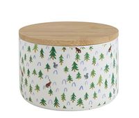 Creative Co-Op 5 Inch Round Stoneware Canister with Bamboo Lid, Trees & Rabbits
