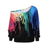 Women Off Shoulder 3D Print Colorful Sweatshirt Pullover Casual Blouse Tops Plus Size (Black, L)