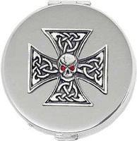 'Celtic Skull Iron Cross' Round Silver Pill Box/Compact Travel Case (Gift Box Edition)