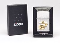 New Zippo Marine Emblem Lighter Brushed Chrome Finish Gold Tone U.S. Marines Emblem Front