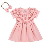 YESOT Baby Girls Ruffled Dresses Above-Knee Toddler Kids Solid Hair Band Casual Mini Dresses Princess Clothes (6-12 Months) Pink