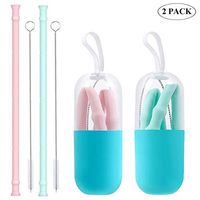 Cilycon Collapsible Straw 2 Pack, Folding Drinking Straws Keychain Reusable Silicone BPA Free Portable Set with Case Cleaning Brush - Eco Friendly Travel Straw Set