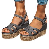 Women's Retro Roman Wedges Sandals Comfy Open Toe Slingback Sandals Ankle Strap Buckle Weaved Bottom Beach Dress Shoes (Gray, US 6.5-7)