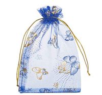 Lanswe 100 Pack Sheer Organza Drawstring Bags Butterfly Floral Print Jewelry Pouches Candy Gift Bags Wedding Party Favor Mesh Christmas Pouches (Royal Blue, 5''x7'')