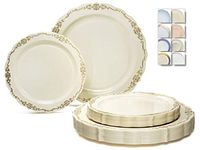 " OCCASIONS" 50 Plates Pack (25 Guests)-Vintage Wedding Party Disposable Plastic Plate Set -25 x 10'' Dinner + 25 x 7.5'' Salad/Dessert plates (Verona in Ivory and Gold)