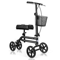 Mandycng Double Steel Tube Walking Aids Scooter w/Shopping Basket, Dual Brake Medical Steerable Folding Knee Walker, Turning Brake Knee Bike, Great for Injury Sportman Leg Surgery, Black