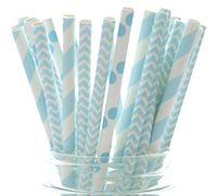 Blue Baby Shower Straws (50 Pack) - Baby Boy Paper Party Straws - Stripe, Polka Dot & Chevron Zig Zag Cake Pop Sticks, Frozen Winter Wedding Straw Supplies
