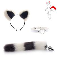 3Pcs Collar+ B-ü-t-t P-l-ǔ-g Fox Tail Massager + Ears Headband Halloween Party Toys（White and Black）-L