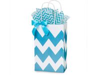 Turquoise Blue & White Chevron Small Shopper Gift Bags - Quantity of 25