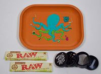Rolling Tray Bundle with Grinder | Set Includes - OctoKush Metal Tray, 2 Packs Raw King Size Slim Rolling Papers & 4-Piece Zinc Grinder