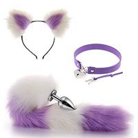 3Pcs Plush Cat Ear Headband Headpiece and Fox Tail Toys an-?l Pl-¨´g Kit Halloween Prom Nightclub Lock Your Love（ Purple and White）-M