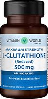 Vitamin World L-Glutathione 500 mg. Reduced 30 Capsules, Amino Acid, Antioxidant Support, Rapid-Release, Gluten Free