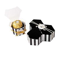 Black Stripes Candy Box Bulk with Gold Ribbon And Round card,GAKA Hexagon Gold Stripes Style Design For Wedding Candy Box,Baby Shower Box,DIY Chocolate Cookies Case,Birthday Party Supplies pack of 50