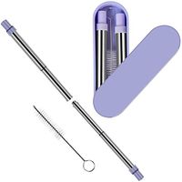 Telescopic Straw, Collapsible Straw Stainless Steel Reusable Foldable Drinking Straws Food-Grade Portable Set with Hard Case Cleaning Brush for Travel, Household, Outdoor (Blue)