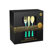 180 Green Disposable Flatware Plastic Cutlery, Plastic Utensils Set Includes 60 Forks 60 Knives and 60 Spoons,Ideal for Weddings Parties Picnics and Catering
