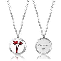 Custom Engravable Round Tree Aromatherapy Diffuser Essential Oil Necklace Stainless Steel Jewelry with 12 Colorful Reuse Pads (Palm Tree)