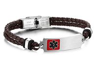 JF.JEWELRY Customize Medical ID Alert Bracelets for Women Braided Leather Cord Bangle-Adjustable