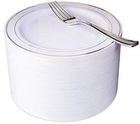 NERVURE 102 Disposable Plastic 7.5” Cake Plates & 102 Silver Plastic Forks, Perfect for Salads, Desserts, Parties, Catering, Wedding Cakes (silver)