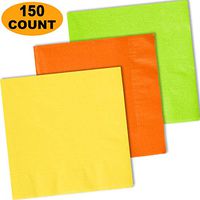 150 Lunch Napkins, Lemon Yellow, Pumpkin Orange, Lime Green - 50 Each Color. 2 Ply Paper Dinner Napkins. 6.5" folded, 13.5" unfolded.
