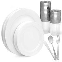 White Disposable Plastic Plates with Silver Cups, Spoons, Forks & Knives, Elegant 150 Piece Dinnerware Set For Wedding or Party