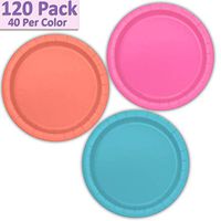 120 Paper Dessert Plates (7") - Hot Pink, Coral, Aqua - 40 Per Color, 3 Colors - Great Assortment for Birthday Parties, Weddings, Holidays, Baby Shower, Celebrations, and more