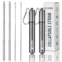 CSMK Designs Stainless Steel Straws: Reusable Metal Straw with Silicone Tips for Drinking - Tumbler Compatible Long Collapsible Metal Straws with Cleaning Brush & Keychain Travel Case - 2 Pack, Chrome