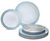 " OCCASIONS" 150pcs set (25 Guests)-Wedding Party Disposable Plastic Plates & cutlery 10'', 7.5'' + Silverware w/double fork (Venice in White/Blue & Silver)