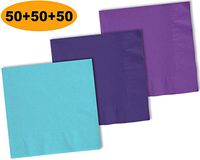 150 Beverage Napkins, Island Blue, Grape Purple, Amethyst - 50 Each Color. 2 Ply Paper Cocktail Napkins. 5" folded, 10" unfolded.