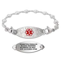 Divoti Custom Engraved Medical Alert Bracelets for Women, Stainless Steel Medical Bracelet, Medical ID Bracelet w/Free Engraving – Lovely Filigree Tag w/Heart Link-Red-7.5"
