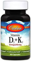 Carlson - Vitamin D3 + K2, 50 mcg & 90 mcg, Bone Support, Cardiovascular Health & Calcium Absorption, 60 Capsules