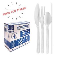 Compostable Cutlery | 150pc Biodegradable Utensils: 60 each Compostable Forks and Spoons, 30 Knives, 20 Bonus Eco Friendly Straws - CPLA Disposable Cutlery Set