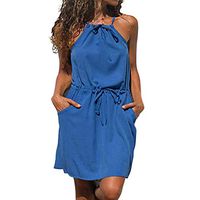 Cliramer Women's 2019 Summer Sleeveless Loose Swing Casual T Shirt V Neck Sexy Suspender Beach Mini Dress with Pocket Blue