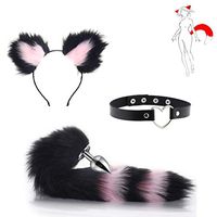 3Pcs Plush Cat Ear Headband Headpiece and Fox Tail Toys an-?l Pl-¨´g Kit Halloween Prom Nightclub Party Costume Cosplay Gift （ Black and Pink）-S