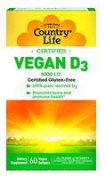 Country Life Vegan D3 5000 IU - 60 Softgels - 100% Plant-derived - Promotes Immune Health & Bones