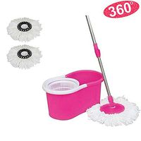 Lovely999 New Microfiber Spinning Magic Easy Floor Mop with Bucket 2 Heads 360Degree Rotating Pink Make Floor Cleaning Quick and Easy