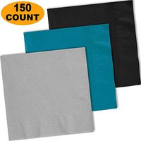 150 Lunch Napkins, Shimmering Silver, Turquoise, Midnight Black - 50 Each Color. 2 Ply Paper Dinner Napkins. 6.5" folded, 13.5" unfolded.